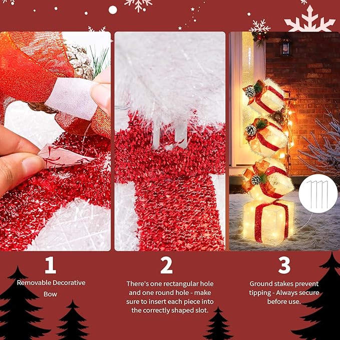 Christmas Lighted Gift Boxes Decorations Set of 4, 2.8Ft Stackable Christmas Nesting Boxes Battery Operated with Timer for Home and Party Decoration