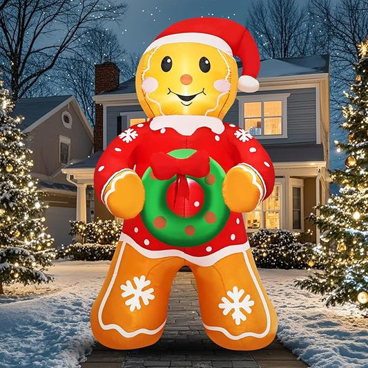 Christmas Gingerbread Man Inflatable Decoration 5.6 FT Outdoor Holiday Yard Decor with Santa Hat and Wreath, Perfect for Lawn, Garden, Party or Indoor Holiday Display