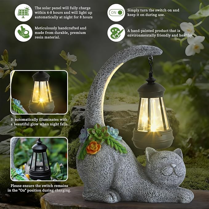 Garden Cute Cat Gnome Statue Decorations - Solar Resin Cat wtih Solar Garden Lights Outdoor Decorations Waterproof for Patio,Yard,Lawn,