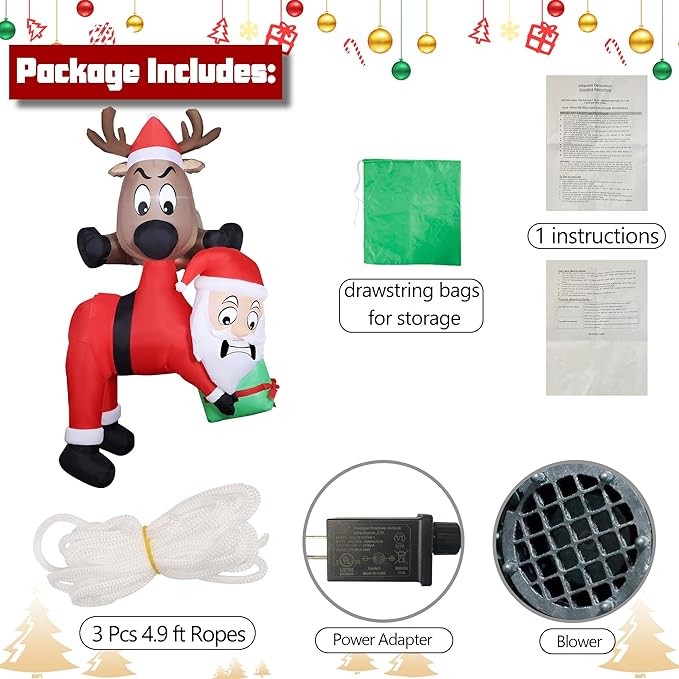 Lulu Home 7.2FT H Christmas Inflatable Decoration, Light Up Air-Blown Reindeer Holding Santa in The Mouth, Xmas Blowups with Storage Bag for Roof Balcony Tree Window Sill Holiday Display