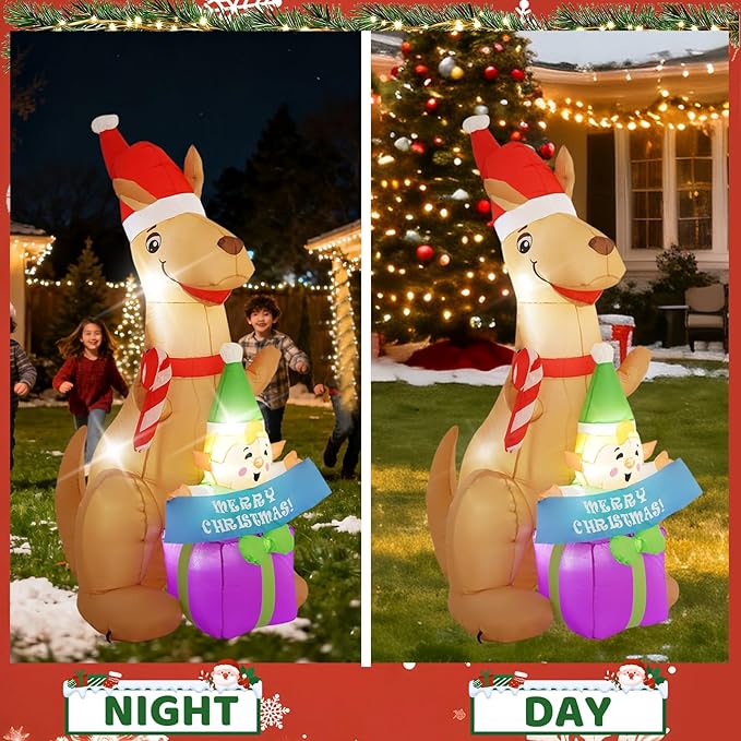 6FT Kangaroo Afu Inflatable Decoration with Built-in LED Lights, Christmas Outdoor Inflatable Decoration for Lawns, Yards, Gardens, and Patios