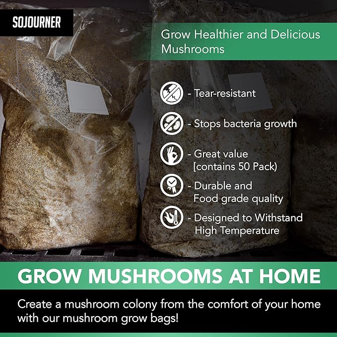 Mushroom Grow Bags (50 Pack) - 6 Mil Thick Autoclave Spawn Bags with 0.2 Micron Filter for Your Grain - Mycology Supplies - Large Size 8" x 5" x 20"