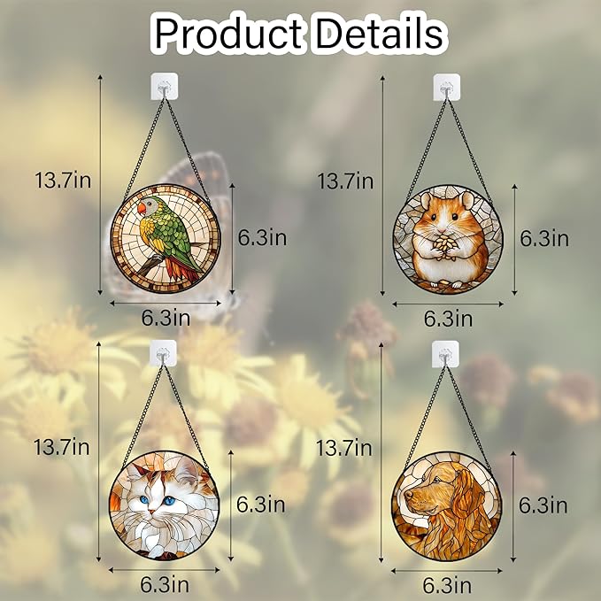 Stained Glass Window Hanging 4 Pcs Set Cute Cat and Dog 6.3" - Animal Suncatcher Door Garden Sun Catcher Decor Birthday Mother's Day for Mom Woman Nana Girl Boy Friend