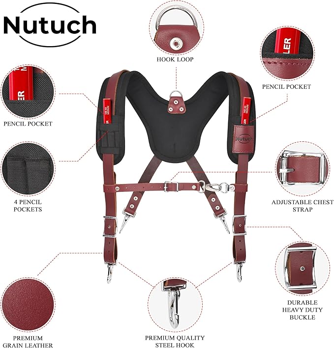 Heavy Duty Leather Work Suspender With Pockets | Fully-Adjustable Padded Leather Tool Belt Suspenders for Men | Construction | Framers | Handyman | Electrician