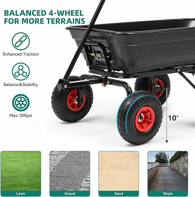 600lb Garden Dump Cart,4 Cu.Ft Utility Wagon Wheelbarrows with Quick-Release System&4 Pneumatic Tires,Heavy Duty Yard Dump Wagon with Steel Frame for Farm, Garden,Christmas Hauling(Black)