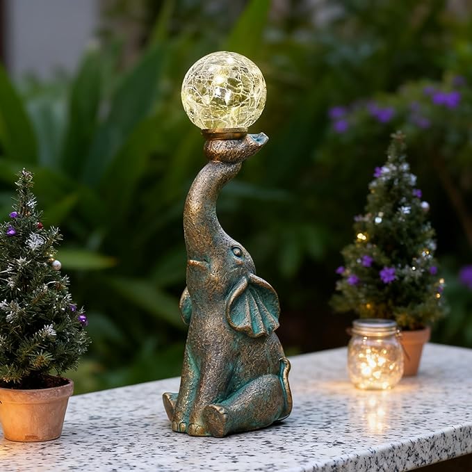 MININOVA Garden Decor Outdoor Statues Elephant with Cracked Glass Ball, Cute Solar Figurine for Patio, Lawn, Yard Art Ornament Decorations (8 LED Lights)