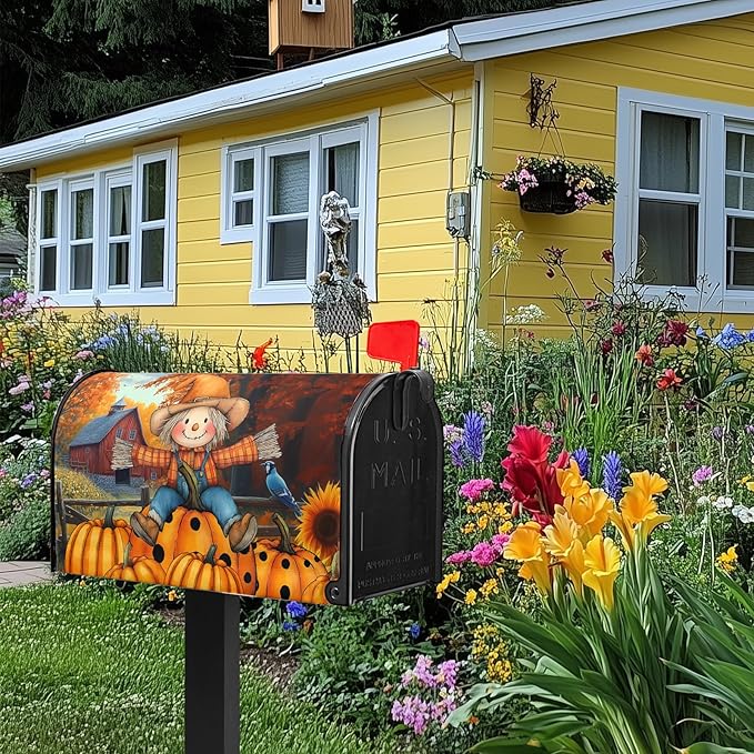 Fall Mailbox Covers Magnetic Scarecrow Pumpkin Mailbox Cover Standard Size 21x18 inch Harvest Autumn Sunflower Post Letter Box Cover Wrap for Outdoor Garden Decor Maple Leaves