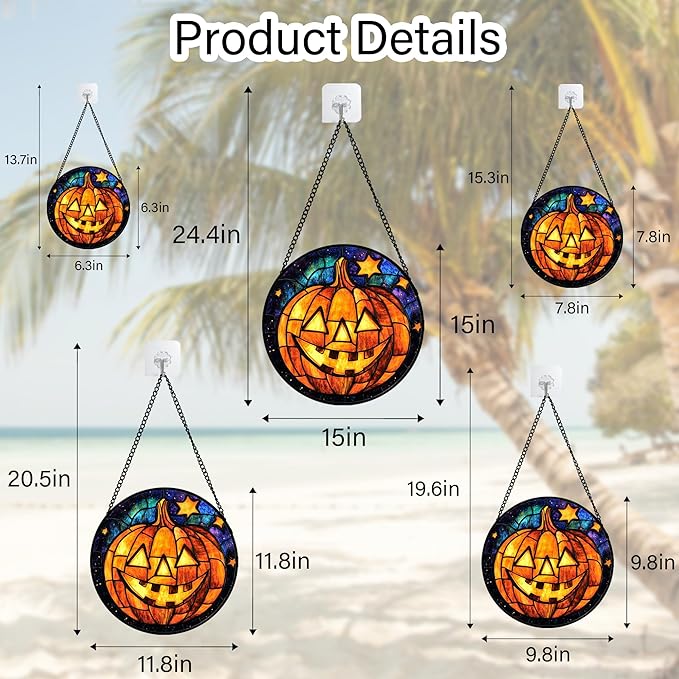 Stained Glass Window Hanging Halloween Horror Golden Pumpkin 9.8" - Suncatcher Door Garden Sunroom Gothic Style Sun Catcher Birthday for Friend Mom Men Woman Nana