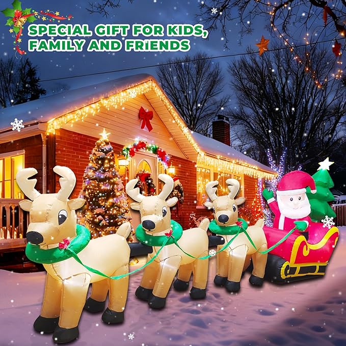 14FT Christmas Inflatables Santa Claus on Sleigh Outdoor Decorations, Santa Claus on Sleigh with 3 Reindeer, LED Lighted Outdoor Yard Decoration for Xmas Party Decor Yard Garden Lawn