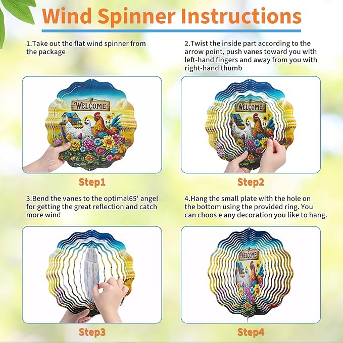 Farmhouse Rooster Wind Spinners Outdoor - Chicken Gifts for Women Mom Men Dad Grandpa, 3D Cute Wind Spinner for Yard Patio Ornament Garden Decor, 12 Inch Hanging Kinetic Metal Wind Sculpture