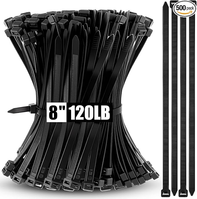 500 Pcs 8 Inch Zip Ties Heavy Duty 120 Lbs Tensile Strength Black Nylon Wire Cable Ties Bulk for Indoor Outdoor