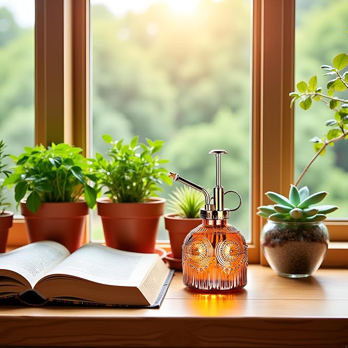 Glass Plant Mister Spray Bottle, Vintage Plant Spritzer, Succulent Watering Bottle Glass with Top Pump, Small Plants Sprayer Watering Can for Indoor Outdoor House - Brown