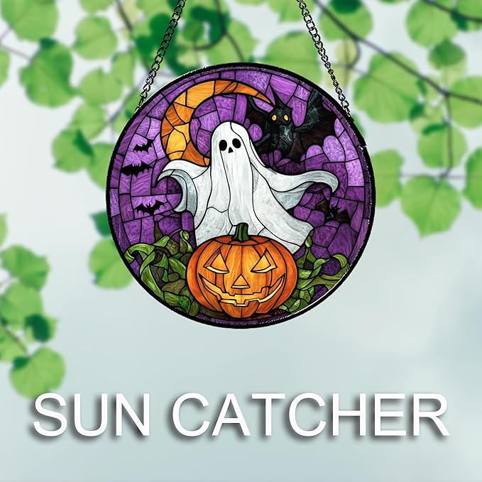 Stained Glass Window Hanging Halloween Scary Purple Night Sky Bat Ghost Large 11.8" - Suncatcher Door Garden Sun Catcher Gothic Home Decor Birthday Horror Gifts for Mom Men Woman Friend