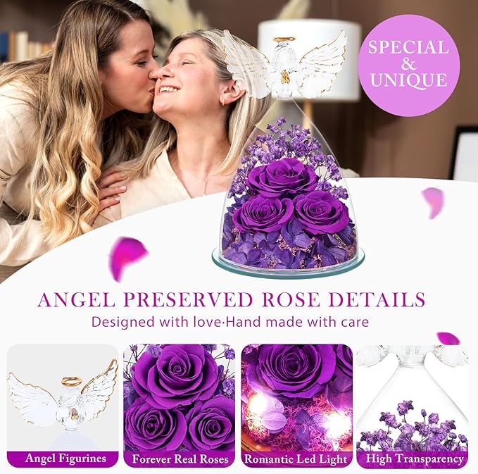 Preserved Flower Rose Gifts for Women, Forever Eternal Fresh Flowers in Glass Angel Figurines Flowers for Delivery Prime Purple Roses for Grandma Mom Sister Her Wife on Mothers Day Birthday Christmas