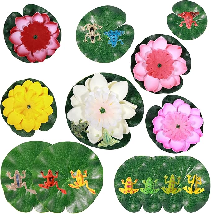 22 Pcs Water Lily for Ponds Plastic Frog Figures Set, Include 12 Plastic Frogs and 5 Floating Lotus 5 Water Lily Artificial Pond Plants for Garden Home Decor Party Favor