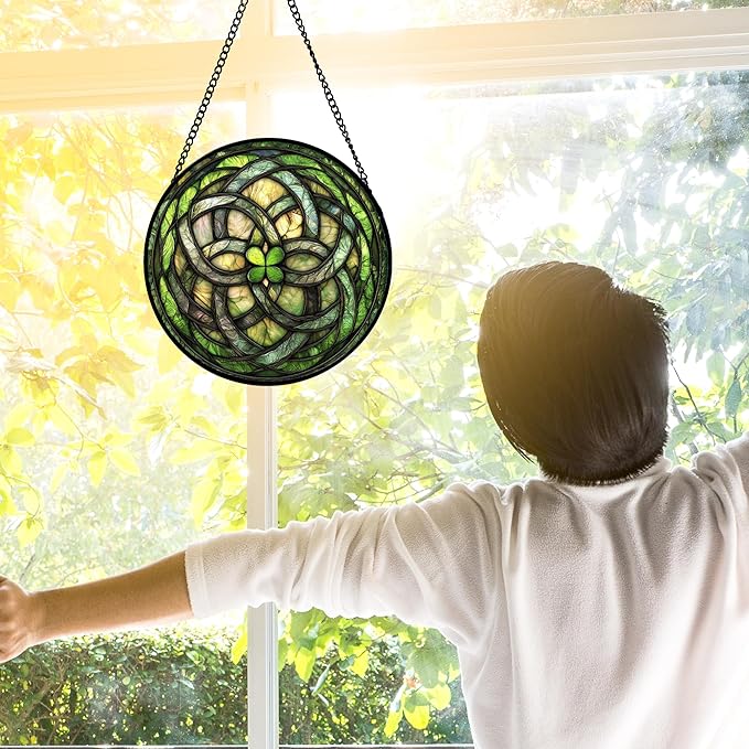 Stained Glass Window Hanging, Abstract Green Clover Sun Catchers Colorful Glass Panel Bless Suncatcher Decor for Birthday for Women, Men, Wife, Aunt, and Mom 6.3 in
