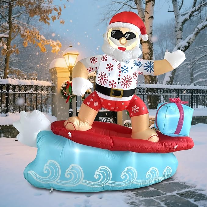 5.6FT Christmas Inflatables Surfing Santa Claus Outdoor Hawaiian Decorations, Christmas Blow Up Yard Decorations with Built-in LED Lights for Indoor Outdoor Holiday Party Garden Patio Yard Lawn Decor