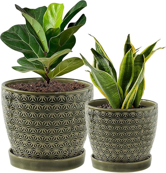Plant Pots, Flower Pots, Planters for Indoor Plants(6.5+5.5inch), Flower Pots for Indoor Plant with Drainage Hole and Saucer, Ceramic Pots for Plants with Hole Mesh Pad,Reactive Glaze Green