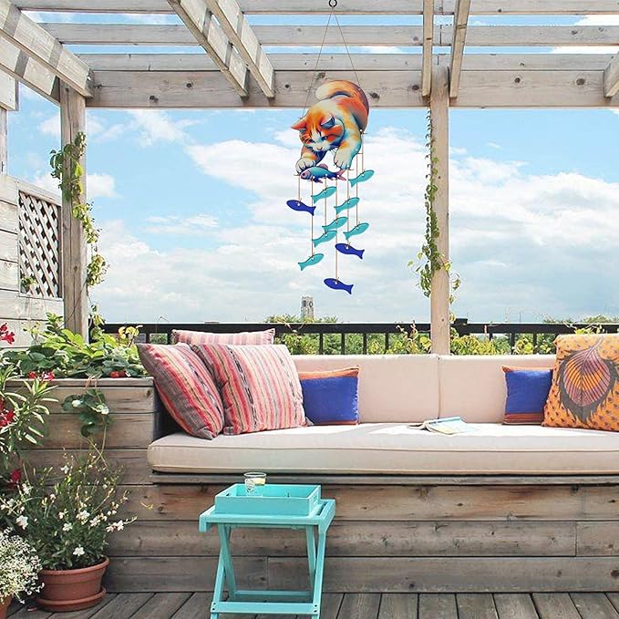 Cute Kitten Fish Wind Chimes for Outside, Handcrafted Windchimes Outdoors Unique,Suncatchers Sea Glass Art Windchimes Outdoors, Patio Beach Hanging Outdoor Home Garden Decor, Memorial Gifts for Women