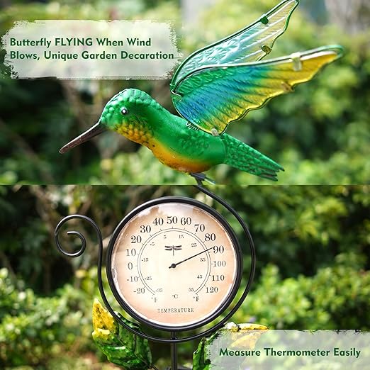 HONGLAND Outdoor Thermometer with Solar & Warm LED Lights, Metal Hummingbird Temperature Stake for Garden, Lawn, Patio, Waterproof Yard Decor