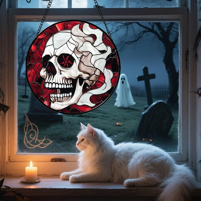 Stained Glass Window Hanging - Halloween Decorations Vampire Skeleton Suncatcher for Doors Garden Indoor Funny Spooky Sun Catchers Gothic Decor Horror Gifts for Women Men Friend 9.8 in
