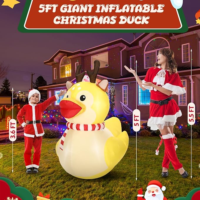 Leyndo 5ft Christmas Inflatables Decoration Outdoor Inflatables Duck with Build-in LEDs Lights Giant Blow up Duck Wear Christmas Reindeer Costume for Mall Garden Patio Lawn Indoor Party