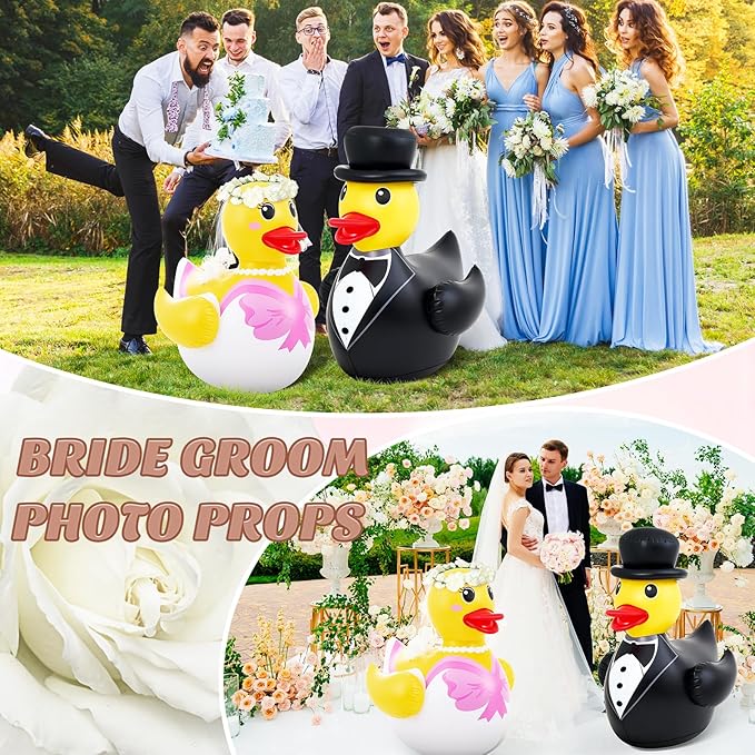 Hungdao 2 Pcs 4 ft Wedding Duck Floatie Inflatable Pool Floats Large Bride Groom Rubber Duck for Wedding Bridal Bachelorette Party Decoration Engagement Gifts (Not Include Wreath and Air Pump)
