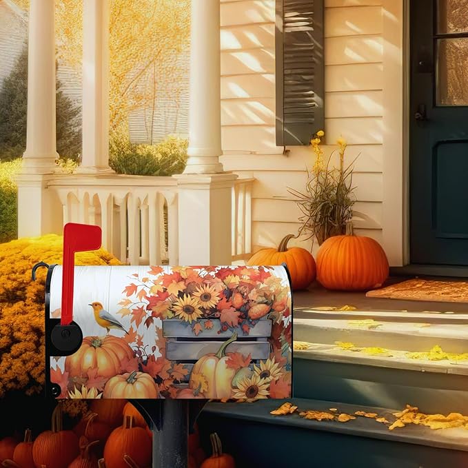Fall Mailbox Covers Magnetic Large Size Autumn Bird Mailbox Cover Maple Leaf Thanksgiving Pumpkin Mail Box Post Cover Waterproof Sunflower Thankful Decor for Garden Yard 25.5 X 21 Inch