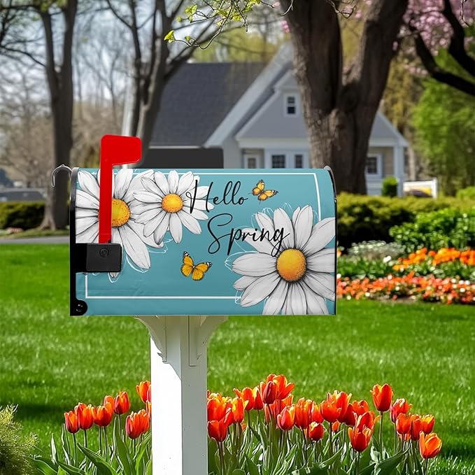 Spring Floral Daisy Mailbox Cover Magnetic Standard Size 21x18 in Floral Butterfly Post Letter Box Cover Decorations for Outside Garden Yard Blue