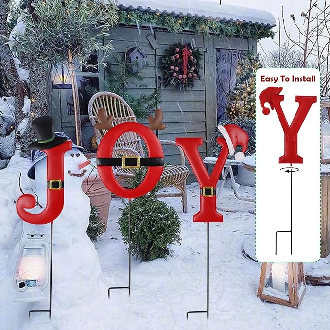 FORUP Joy Christmas Decorations - 3 Pcs Metal Garden Stakes for Outdoor Lawn Yard Decor