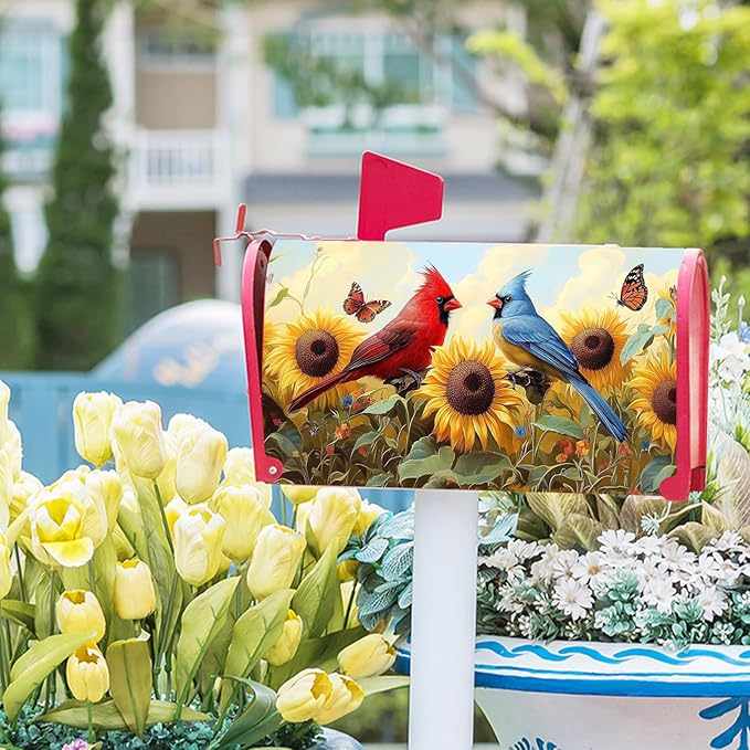 Sunflower Birds Mailbox Cover Magnetic 21x18 Inch Standard Size Spring Summer Floral Butterfly Waterproof Mailbox Wrap Post Cover for Outdoor Outside Garden Yard Seasonal Decor