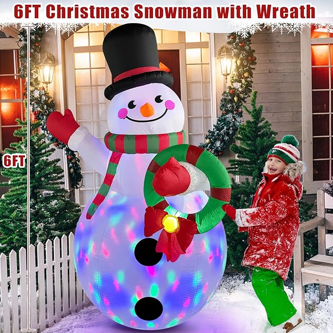 Danxilu 6 FT Christmas Inflatables Snowman Outdoor Decorations with Colorful Rotating LED Lights, Blow up Snow Man Wear Magic Hat with Wreath Xmas Decor for Yard Garden Lawn Porch Holiday Party