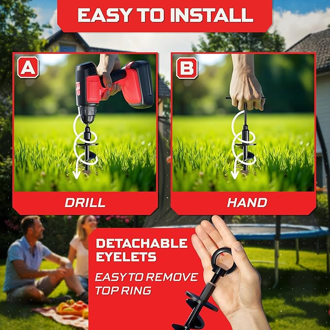 Happin® Heavy Duty Ground Anchors Screw in for Power Drills, Tent Stakes Heavy Duty for Secure Hold, Yard Stakes, Camping Tents, Gazebo, Trampoline Stakes for High Stability Wind Resistance (4 Pack)