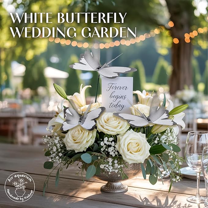 Handmade White Butterfly Garden Stakes Set of 7 - Decorative Outdoor & Indoor Plant Decor - Nature Lover Gift Idea by Air Aquarium Kushner
