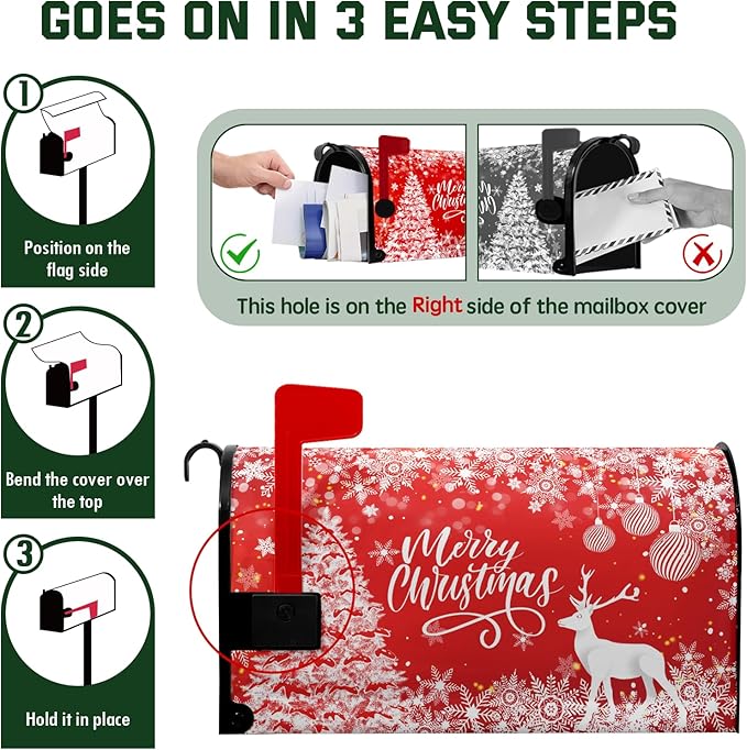 Merry Christmas Mailbox Covers Magnetic Large Size 25.5 x 21 Winter Deer Snowflake Oversized Mailbox Cover Xmas Tree Post Letter Box Cover for Outside Garden Yard Red