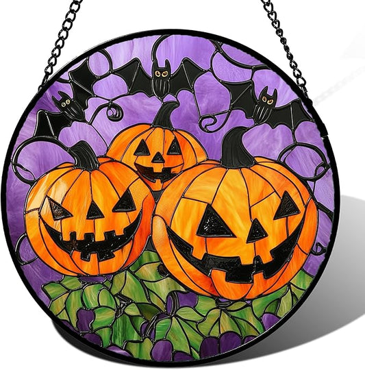 Stained Glass Window Hanging Halloween Scary 3 Bat and Pumpkin Monsters Large 11.8" - Suncatcher Door Garden Sun Catcher Gothic Home Decor Birthday Horror Gifts for Mom Men Woman Friend