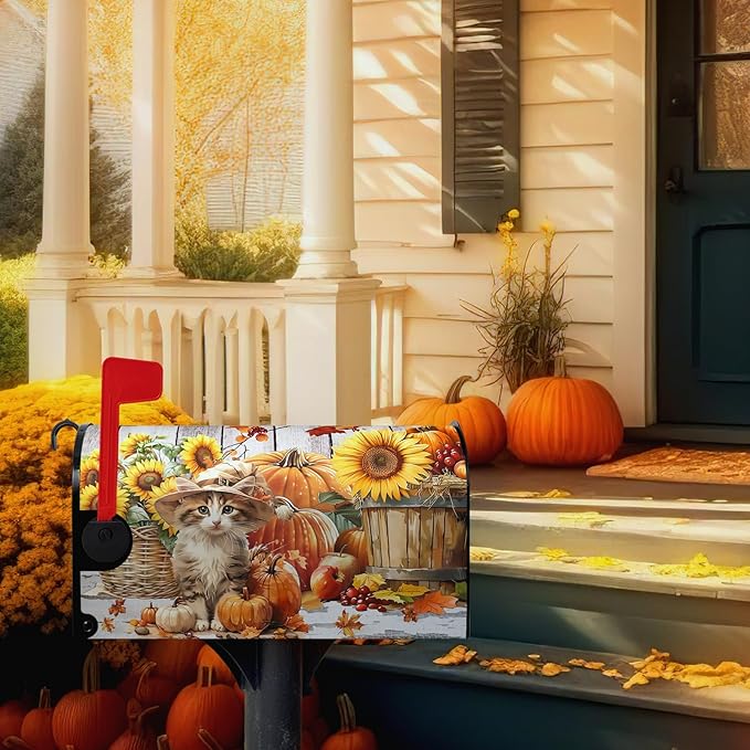 Fall Pumpkin Sunflower Mailbox Covers Magnetic 25.5X21 Inch Cute Cat Autumn Harvest Mailbox Cover Thanksgiving Wraps Post Letter Box Cover Large Size Garden Farm Outdoor Yard Decor