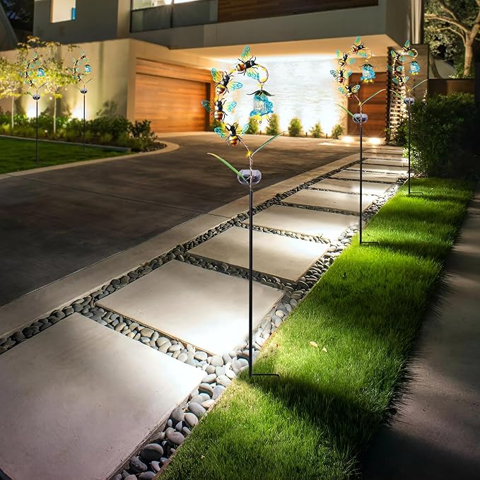 Bshine Solar Flower Outdoor Waterproof Bee Lights, Garden Decorative Metal Stake Bee Hanging Flower, Yard Decorations Outdoor Patio, Courtyard, Pathway and Lawn Ornaments, Housewarming Gift