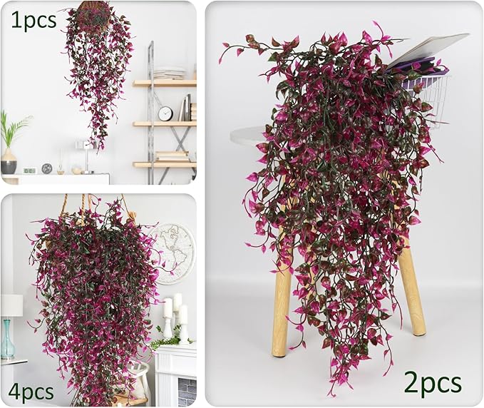 RECUTMS Artificial Hanging Plants 4pcs 33Inch Faux Eucalyptus Leaves Ivy Swag Plant UV Resistant Fake Plastic Greenery Indoor Outdoor Home Garden Office Christmas Xmas Party Spring Decor(Purple Red)