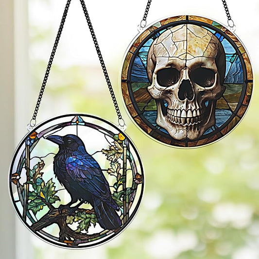 2 Halloween Raven Skull Acrylic for Window Hanging, Art Gothic Decor for Home, Indoor, Garden, Housewarming, Gift for Mom, Grandma, Women, Friend SCB-A6-GT1