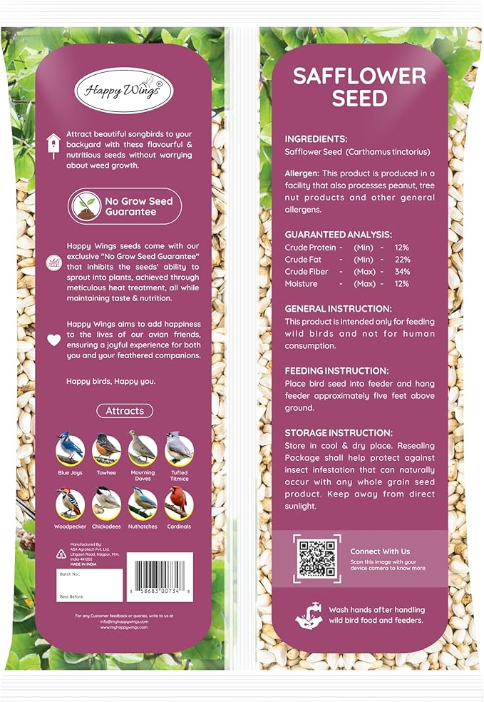 Happy Wings Safflower Seeds Wild Bird Food - 5 Pounds I No Grow Seed I Bird Seed for Wild Birds