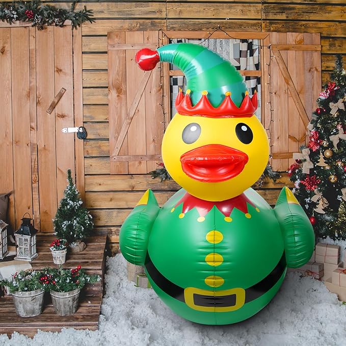 2 Pcs 4.6 Feet Christmas Giant Inflatable Elf Duck Outdoor Decorations,Huge Blow Up Yard Yellow Duck with Green Red Elf Cloth Duck Pool Float for Indoor Christmas Holiday Party Garden Patio Lawn Decor