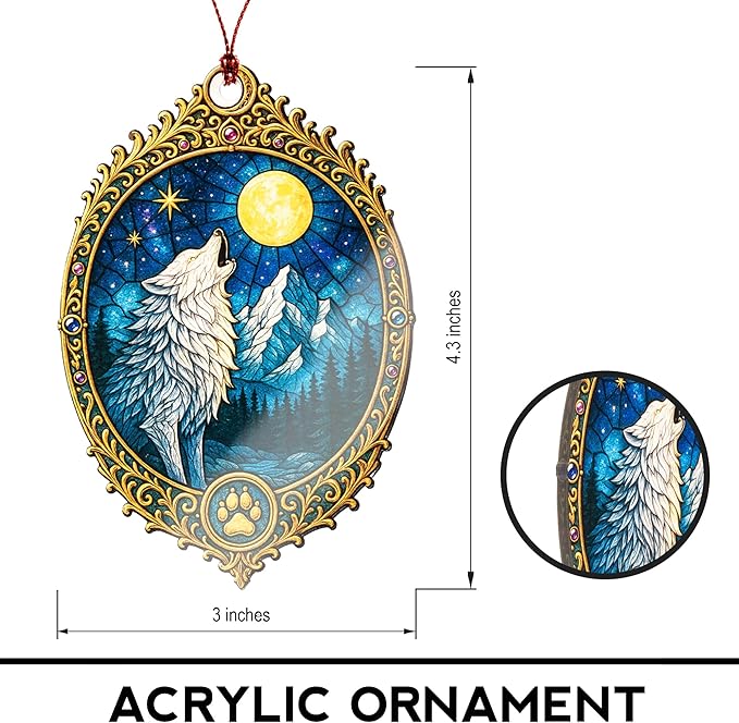 Wolf Ornament – Howling Moon – Night Sky Decor – Animal Spirit Card – Wilderness Gift – Christmas Holiday – Suncatcher Effect Stained Glass Window Hanging – Car Hanging