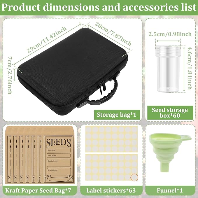 60 Slots Seed Storage Organizer Box with 7 Envelopes, 63 x Label Stickers Garden Seed Organizer with Zipper Bag Storage Container for Vegetable Flower Plants Garden (Black)