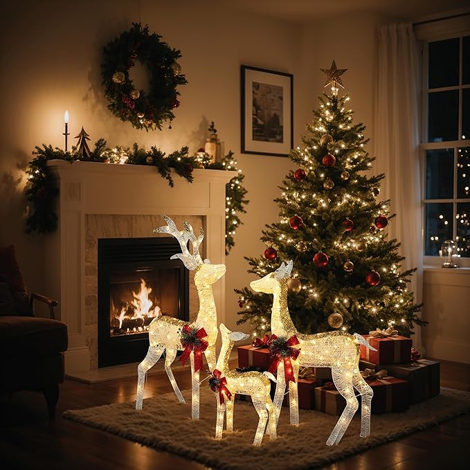 LuxenHome 3PCs Reindeer Christmas Decoration, Glitter White Mesh Indoor & Outdoor Christmas Decor with Red Bow and Pinecone, 200 Warm White LED Lights, Xmas Decorations for Front Porch, Lawn Display