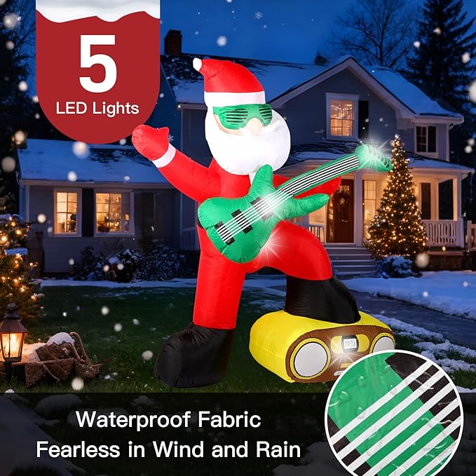 6FT Christmas Inflatables Decorations Outdoor，Blow Up Santa Claus with a Guitar with Built-in LEDs Lights for Indoor Holiday Party Yard Garden Lawn Décor