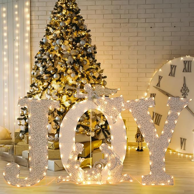 Outdoor Christmas Joy Decoration Christmas Lighted Joy with Nativity Scene Decoration for Xmas Home Pathway Lawn Party Display
