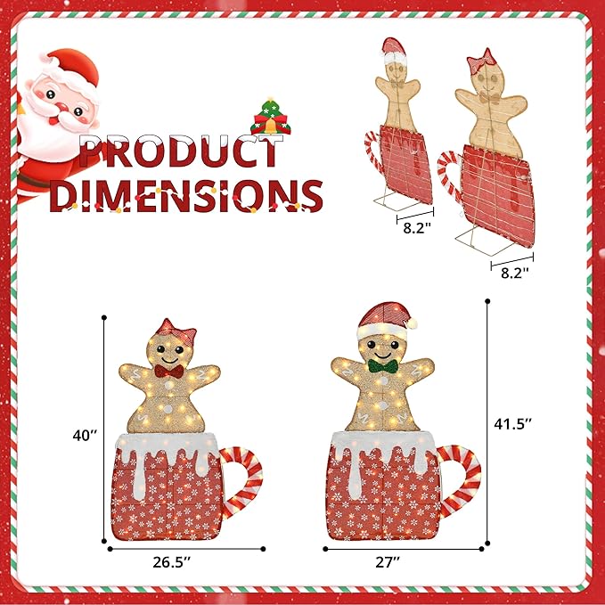 42" H Lighted Gingerbread Outdoor Christmas Decorations, Pre-lit Gingerbread Boy & Girl in Hot Cocoa Mug Ornament, 2D Holiday Decors for Lawn Porch Yards, 160 LEDs, Set of 2