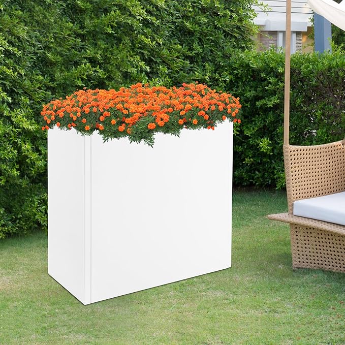 Metallic Heavy Planter Box, Large Metal Planter with Removable Insert Shelf for Outdoor/Indoor, Tall Trees, Plants, Flowers, Easy Assembly (White, 28 * 12 * 28inch)