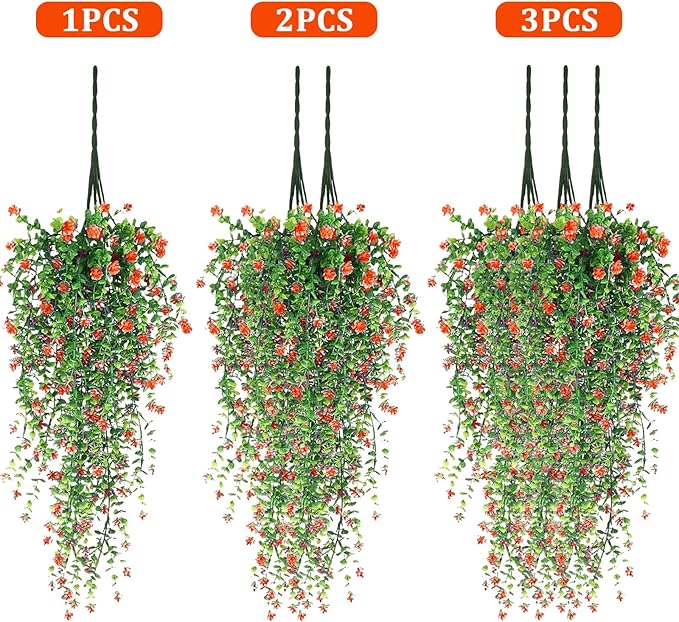 Artificial Hanging Flowers, 3 Pcs Fake Hanging Plants Artificial Vines for Outdoors, Fake Ivy Vine UV Resistant No Fade Faux Plants for Indoor Outside Garden Patio Yard Greenery Decoration (Orange)